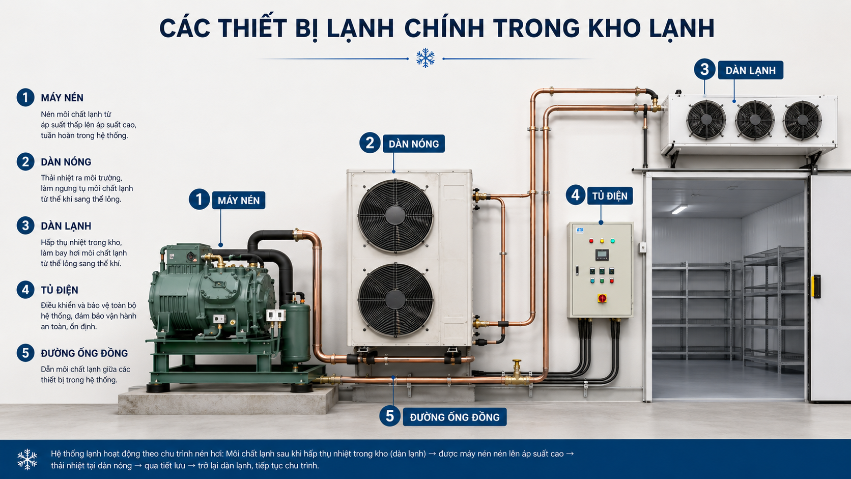 So sánh kho mát, kho đông và hầm đông theo nhiệt độ bảo quản, công suất lạnh và mức đầu tư.