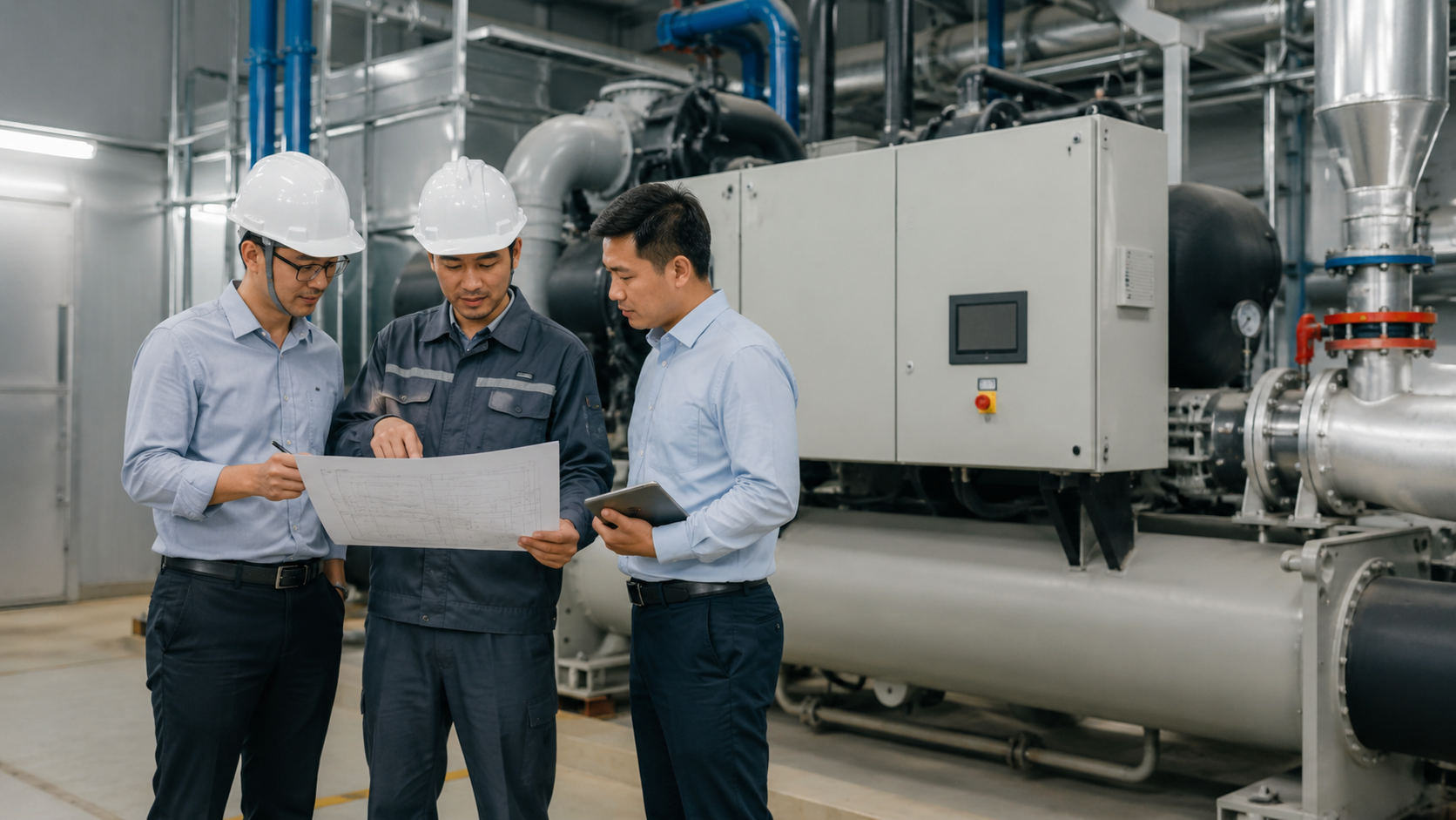 Kỹ sư và kỹ thuật viên khảo sát phòng máy chiller công nghiệp, trao đổi bản vẽ và tư vấn phương án báo giá cho nhà xưởng.
