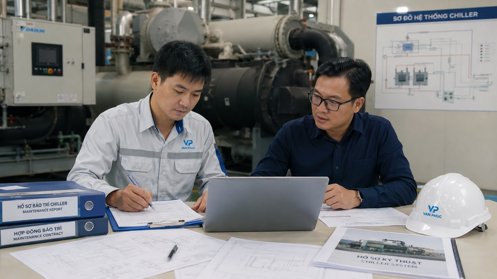 Kỹ sư lập báo cáo kỹ thuật, tư vấn hợp đồng bảo trì chiller định kỳ và đánh giá hiện trạng hệ thống chiller cho nhà máy.