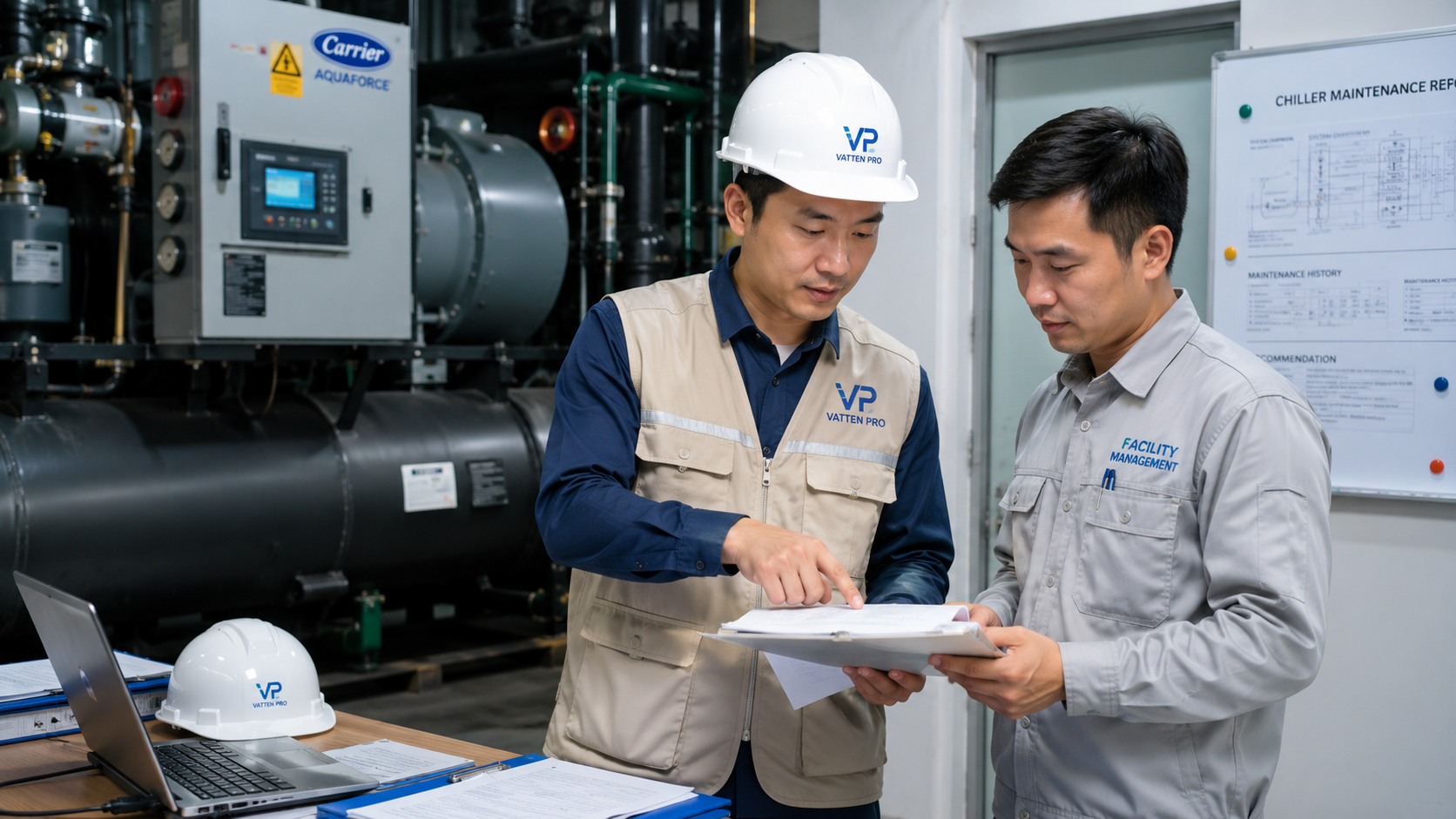 Kỹ sư tư vấn phương án sửa chữa chiller công nghiệp, lập báo cáo kỹ thuật và bàn giao kết quả xử lý sự cố cho nhà máy.