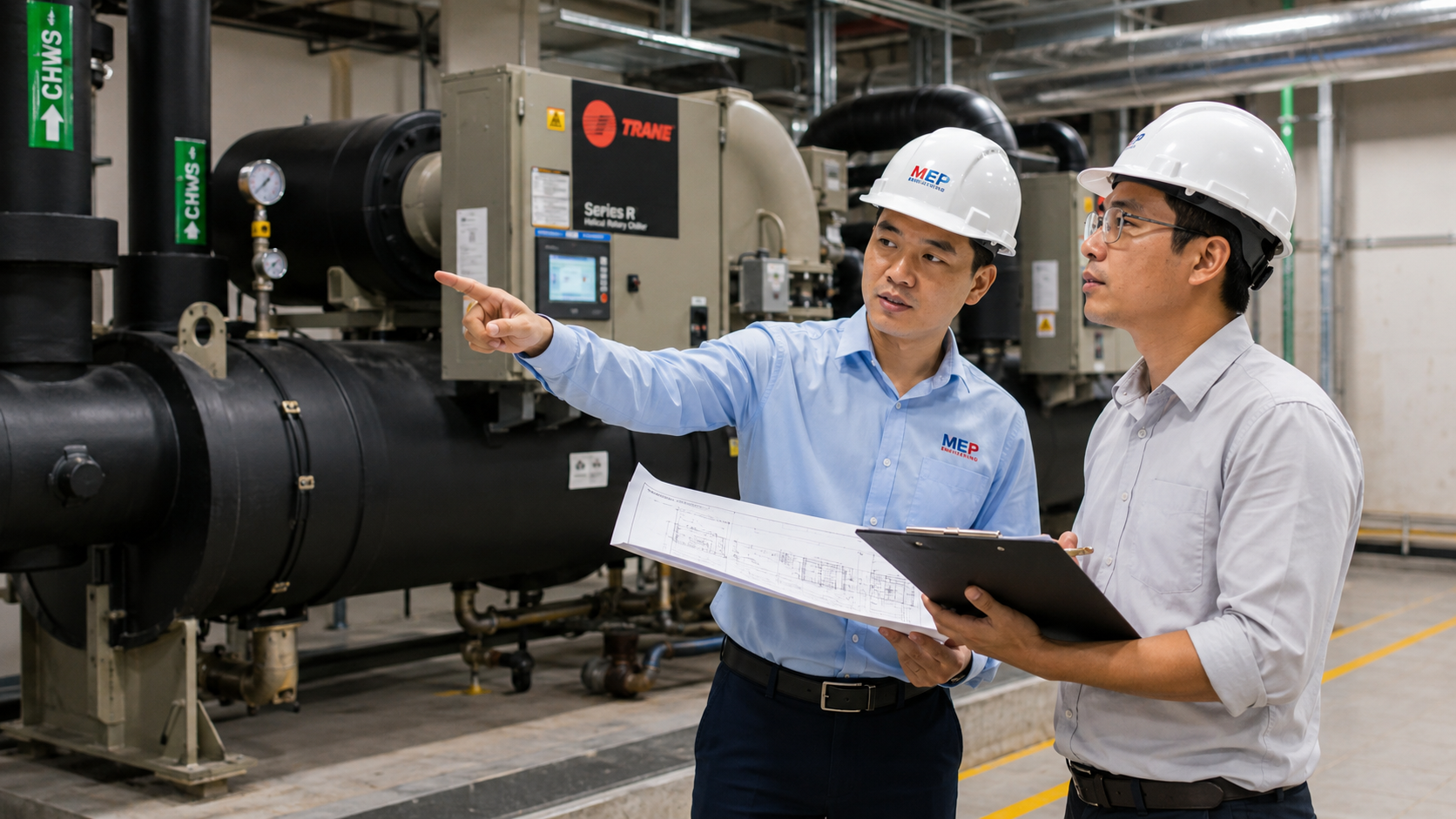 Kỹ sư khảo sát phòng máy chiller công nghiệp, trao đổi bản vẽ và tư vấn phương án lắp đặt hệ thống chiller cho nhà xưởng.