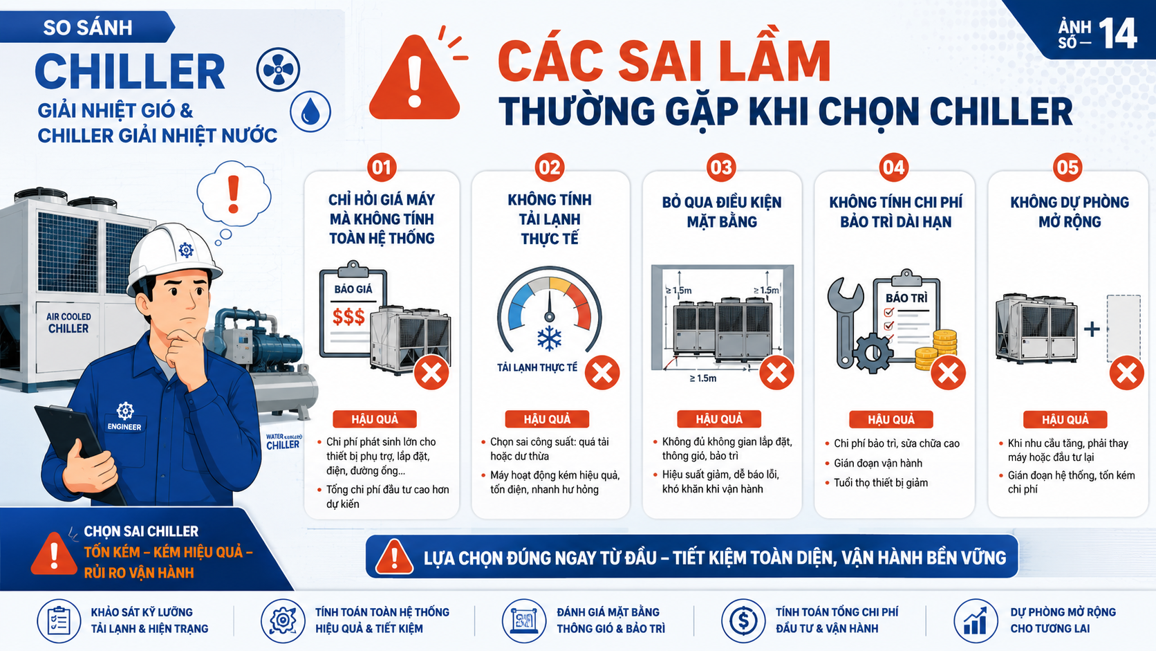 Các sai lầm thường gặp khi chọn chiller gồm chỉ hỏi giá máy, không tính tải lạnh thực tế, bỏ qua điều kiện mặt bằng, không tính chi phí bảo trì dài hạn và không dự phòng mở rộng.
