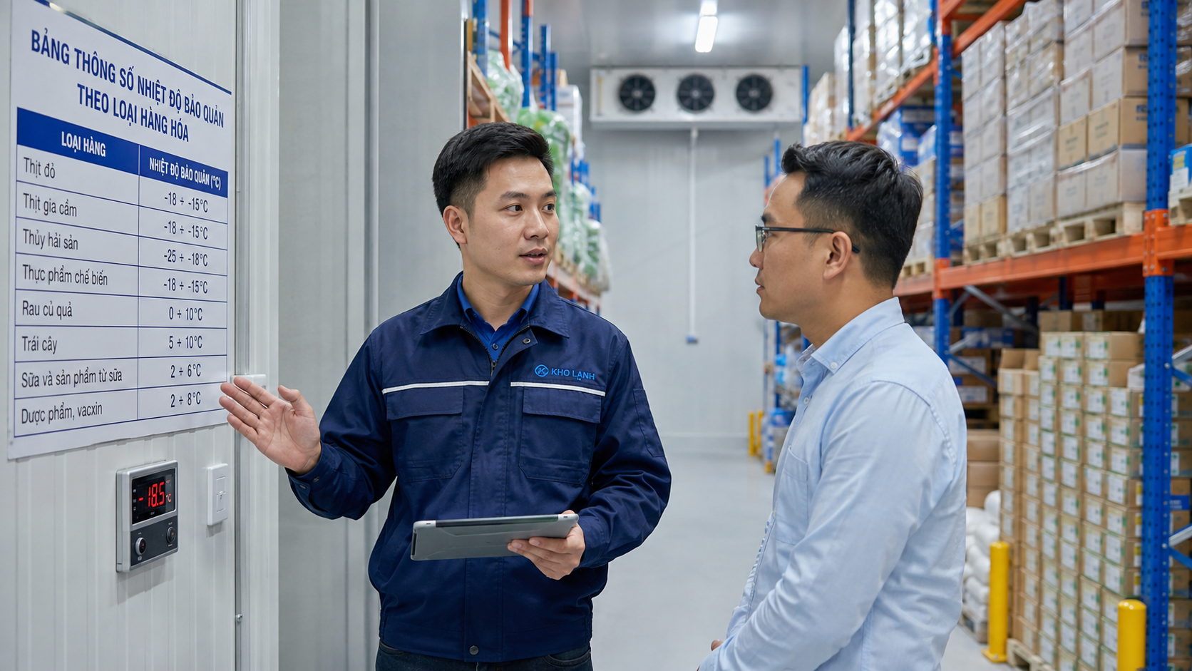 Kỹ thuật viên tư vấn điều kiện bảo quản hàng hóa và kiểm tra nhiệt độ kho lạnh tại công trình.