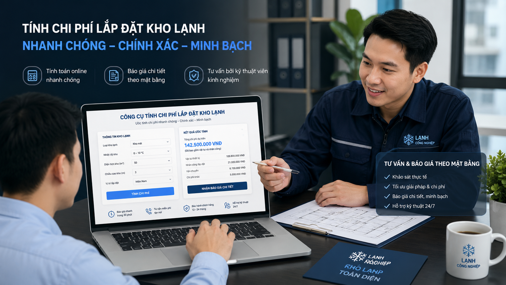Khách hàng sử dụng công cụ tính chi phí kho lạnh và nhận tư vấn báo giá theo mặt bằng thực tế.