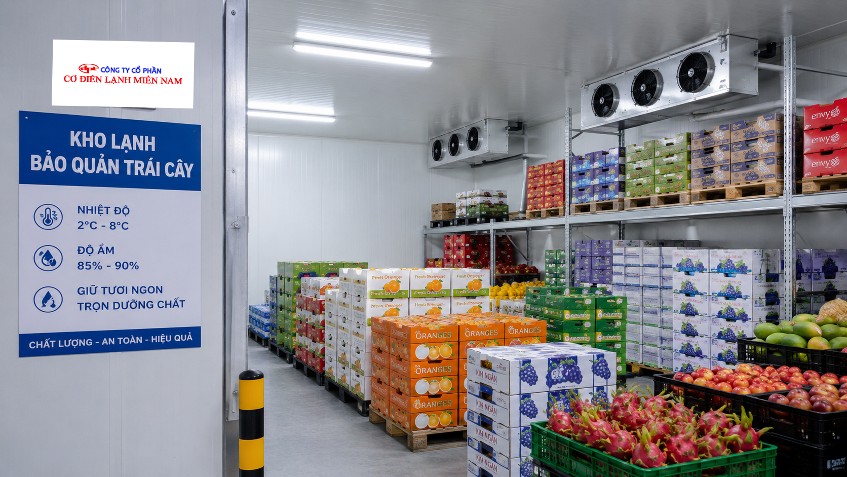 Kho mát hiện đại bảo quản rau củ và thực phẩm với thông tin nhiệt độ, độ ẩm và thời gian lưu kho tham khảo.
