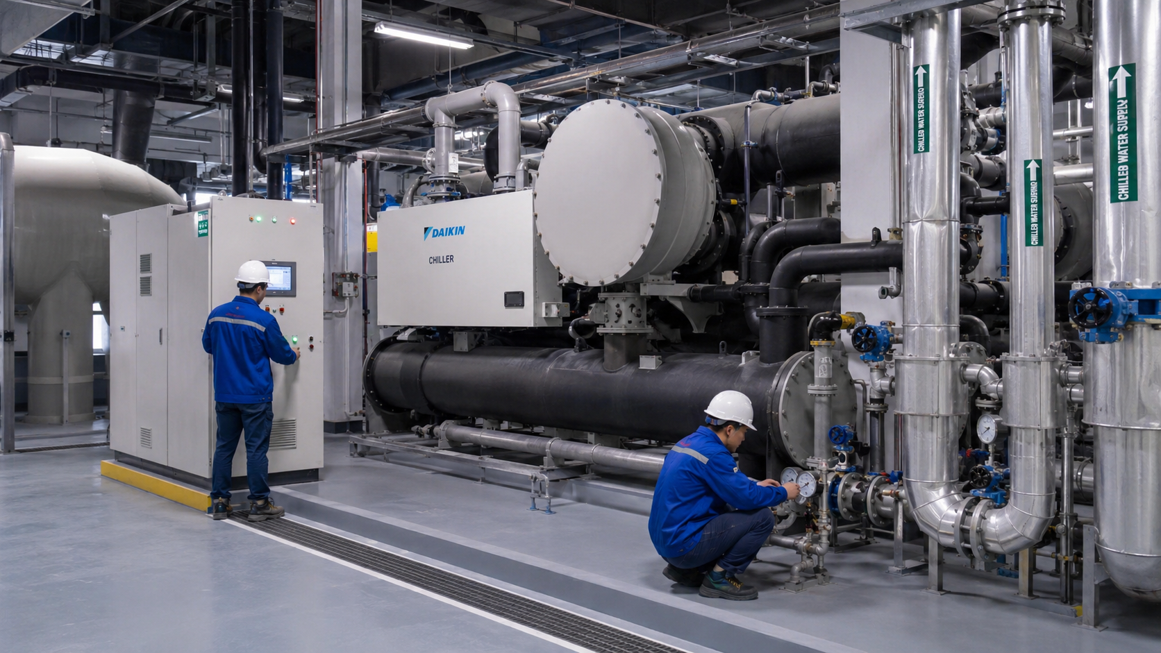 Infographic tổng quan lắp đặt hệ thống chiller công nghiệp gồm khảo sát, thiết kế, cung cấp thiết bị, thi công, chạy thử và nghiệm thu.