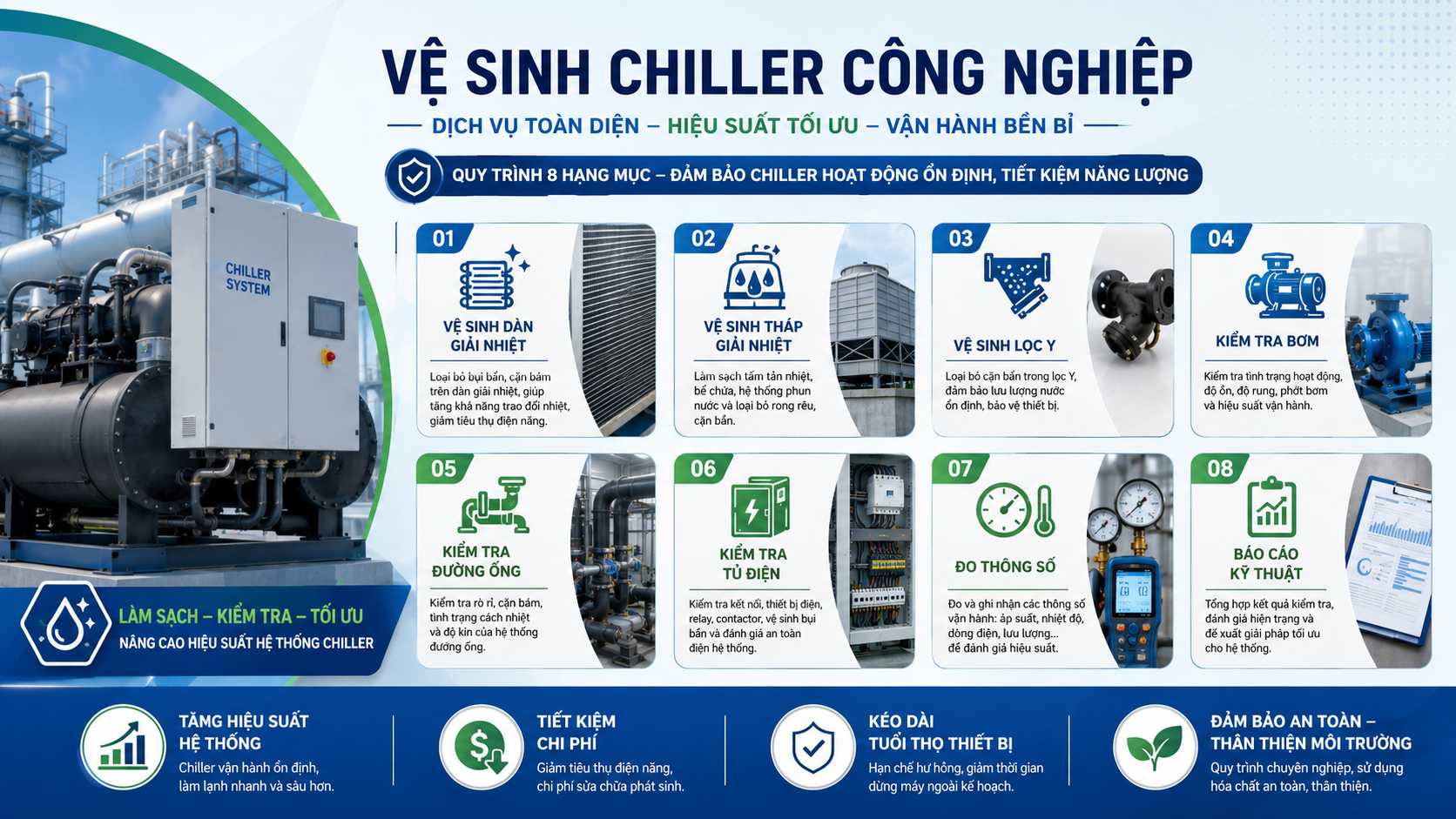 Infographic tổng quan dịch vụ vệ sinh chiller công nghiệp gồm vệ sinh dàn giải nhiệt, tháp giải nhiệt, lọc Y, bơm, đường ống, tủ điện và báo cáo kỹ thuật.