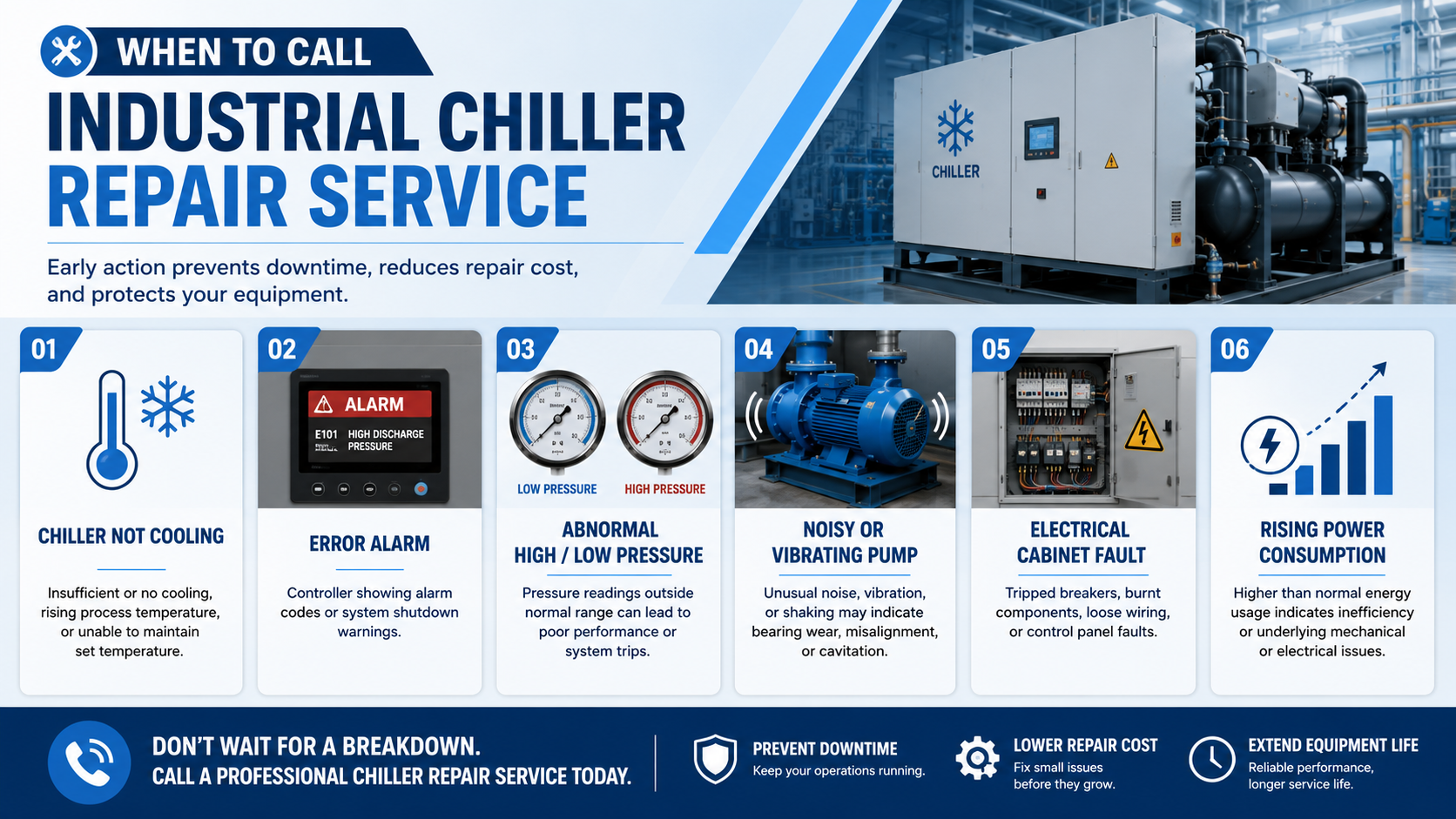 Các dấu hiệu cần gọi sửa chữa chiller công nghiệp gồm không lạnh, báo lỗi, áp suất bất thường, bơm rung, tủ điện lỗi và điện năng tăng cao.