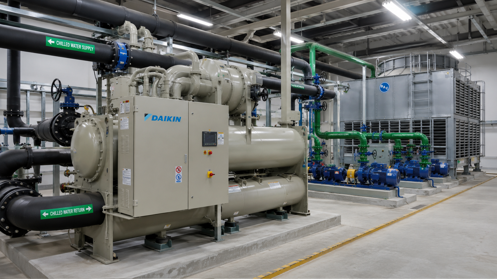 Hệ thống chiller giải nhiệt nước trong phòng máy công nghiệp với cụm chiller, tháp giải nhiệt, bơm và đường ống nước lạnh.