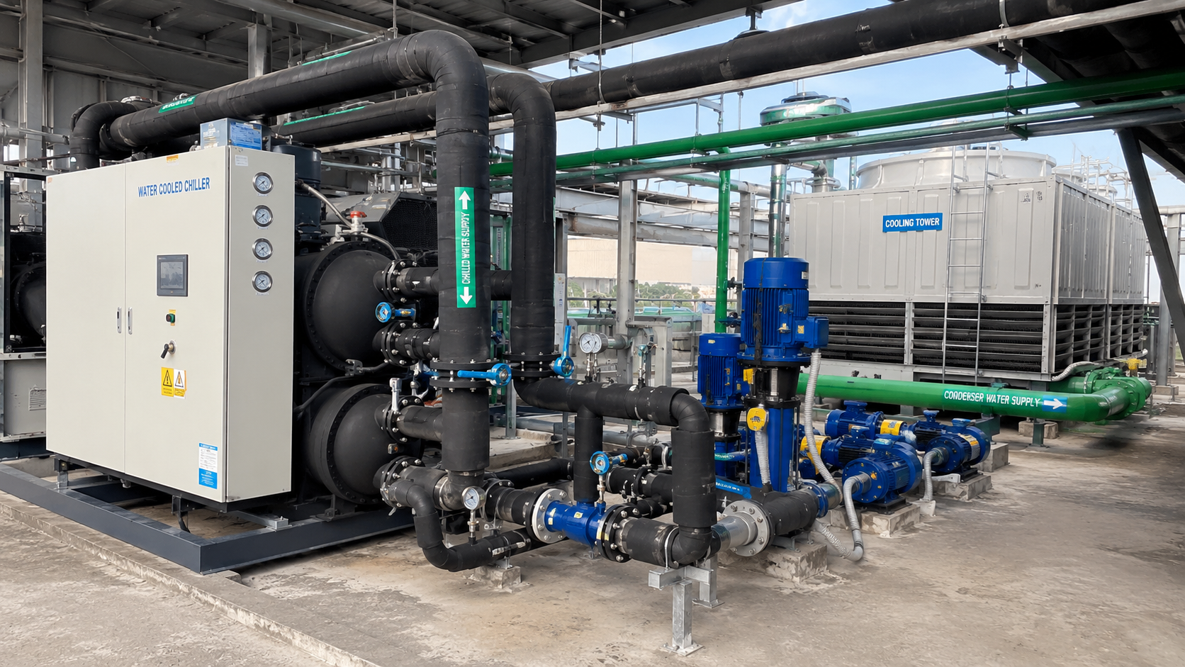 Hệ thống chiller giải nhiệt nước kết hợp tháp giải nhiệt, bơm nước, đường ống và cụm chiller cho công trình công nghiệp.