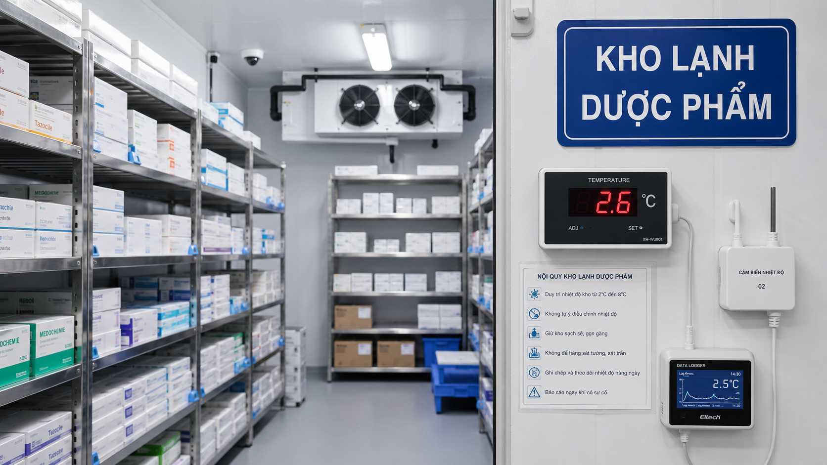 Kho lạnh dược phẩm có kệ thuốc, màn hình nhiệt độ, cảm biến và thiết bị ghi nhận dữ liệu vận hành.