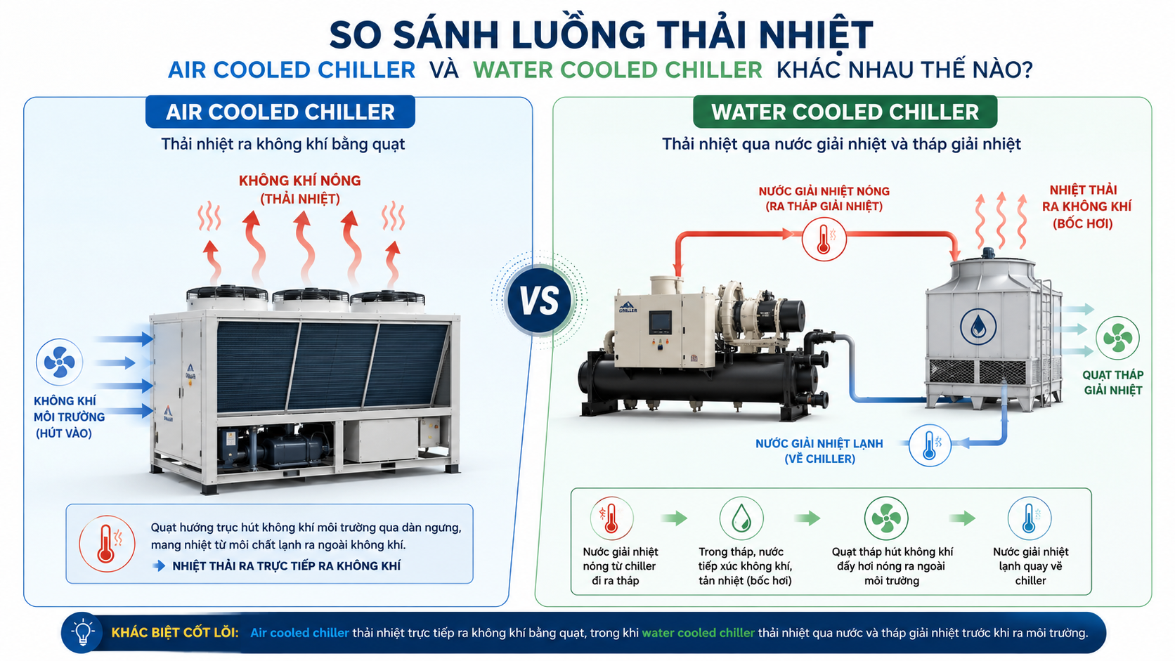 So sánh luồng thải nhiệt của air cooled chiller bằng không khí và water cooled chiller qua nước giải nhiệt kết hợp tháp giải nhiệt.