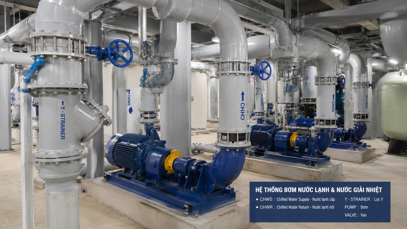 Hệ thống bơm nước lạnh và nước giải nhiệt trong phòng máy chiller công nghiệp với đường ống, van, lọc Y và đồng hồ áp suất.