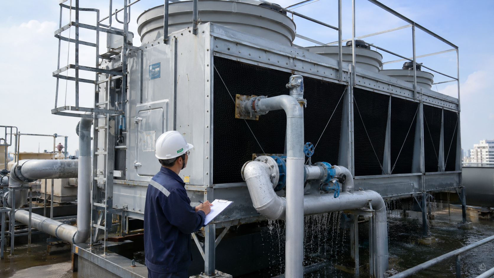 Kỹ thuật viên kiểm tra tháp giải nhiệt công nghiệp, đường ống nước giải nhiệt và khả năng tản nhiệt của hệ thống chiller.
