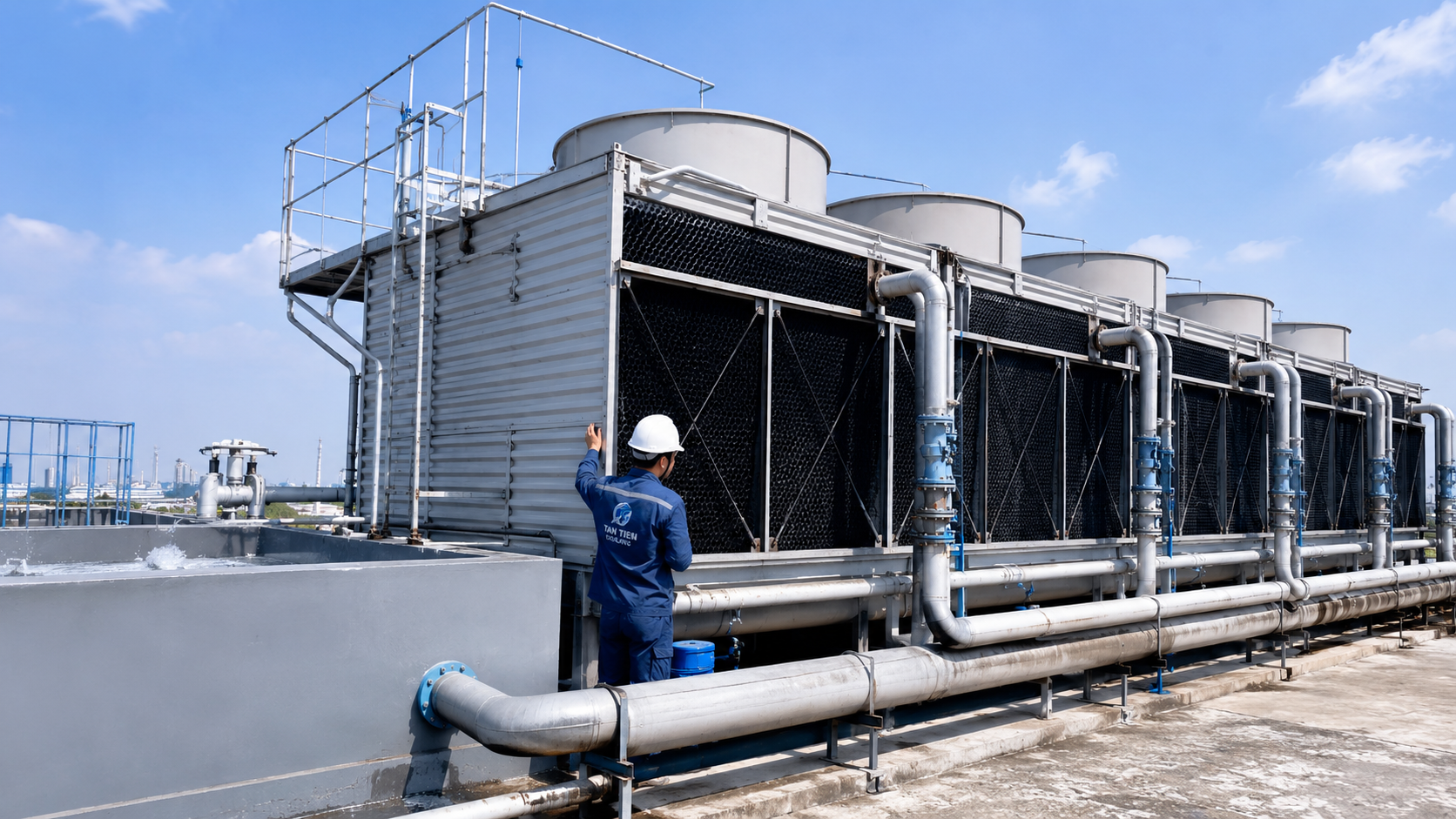Kỹ thuật viên kiểm tra tháp giải nhiệt công nghiệp, hệ thống đường ống nước giải nhiệt và khả năng tản nhiệt của chiller.