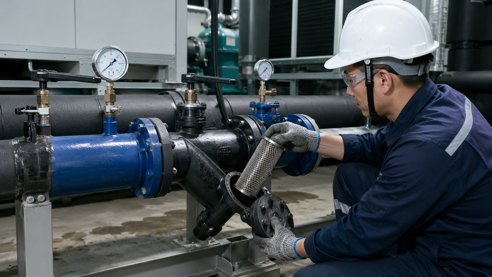 Kỹ thuật viên vệ sinh lọc Y trong hệ thống chiller công nghiệp, kiểm tra lưới lọc, van, đồng hồ áp suất và đường ống nước lạnh.