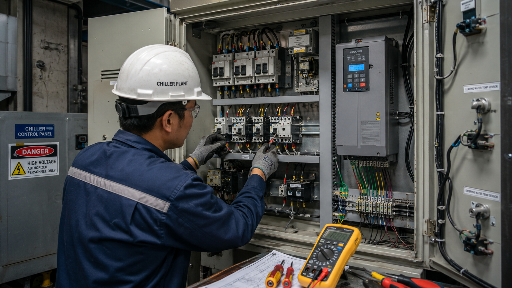 Kỹ thuật viên nâng cấp tủ điện điều khiển chiller cũ, kiểm tra contactor, relay, aptomat, biến tần, cảm biến và các điểm đấu nối điện.