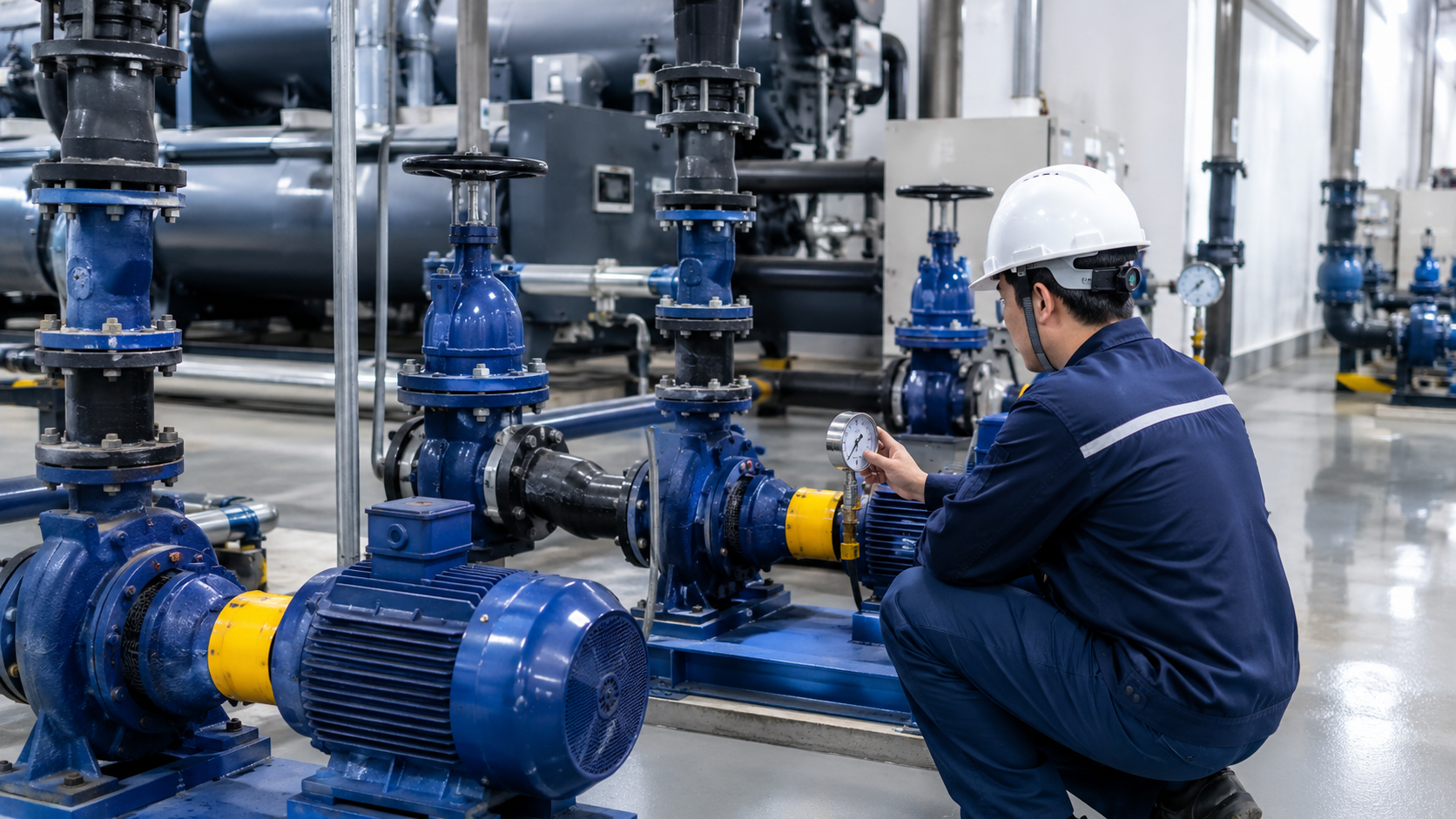 Kỹ thuật viên kiểm tra bơm nước lạnh và bơm giải nhiệt sau vệ sinh chiller, đo áp suất, kiểm tra van, đường ống và tình trạng vận hành.