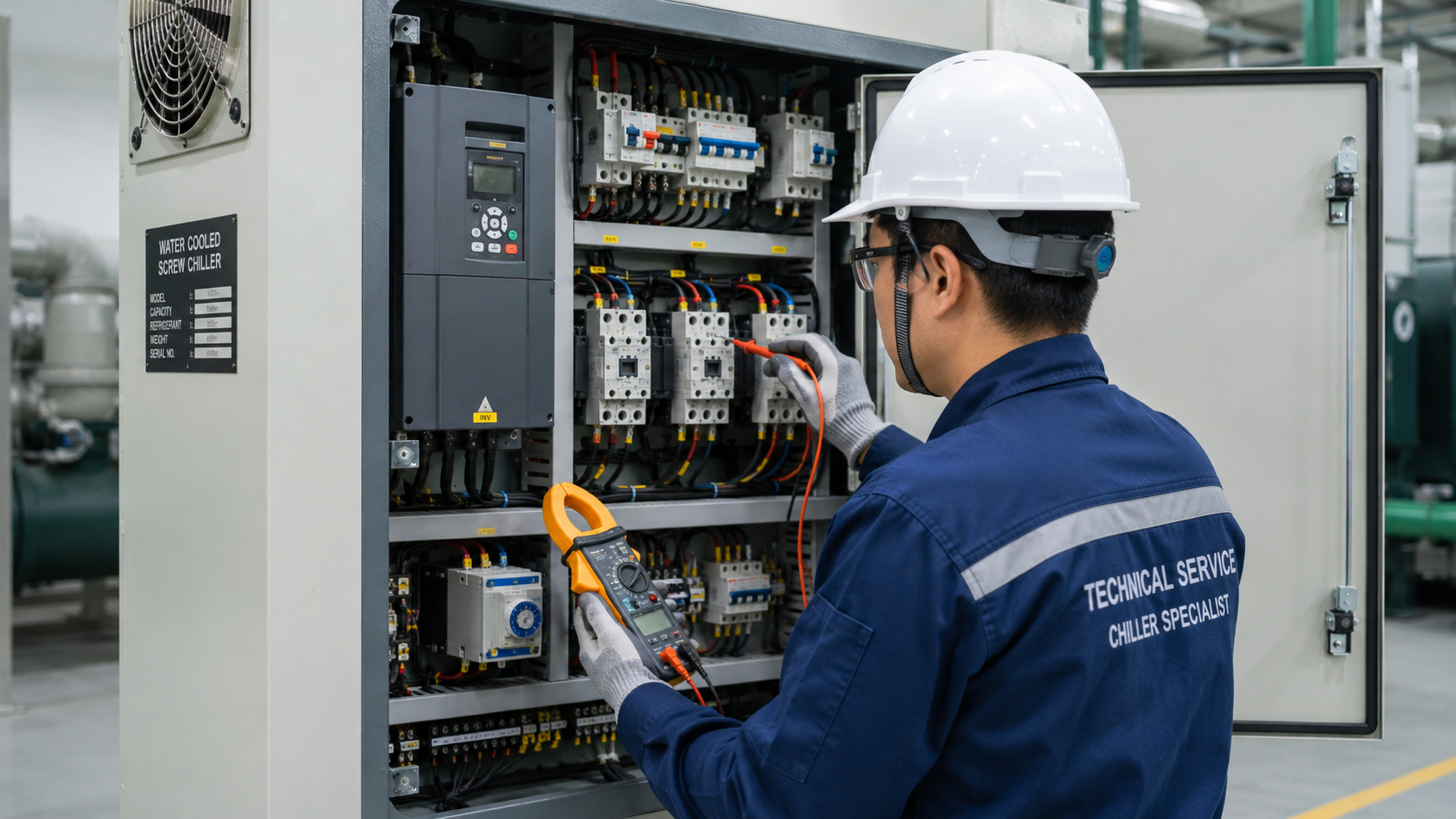 Kỹ thuật viên kiểm tra tủ điện chiller công nghiệp, contactor, relay, aptomat, biến tần và các điểm đấu nối điện.