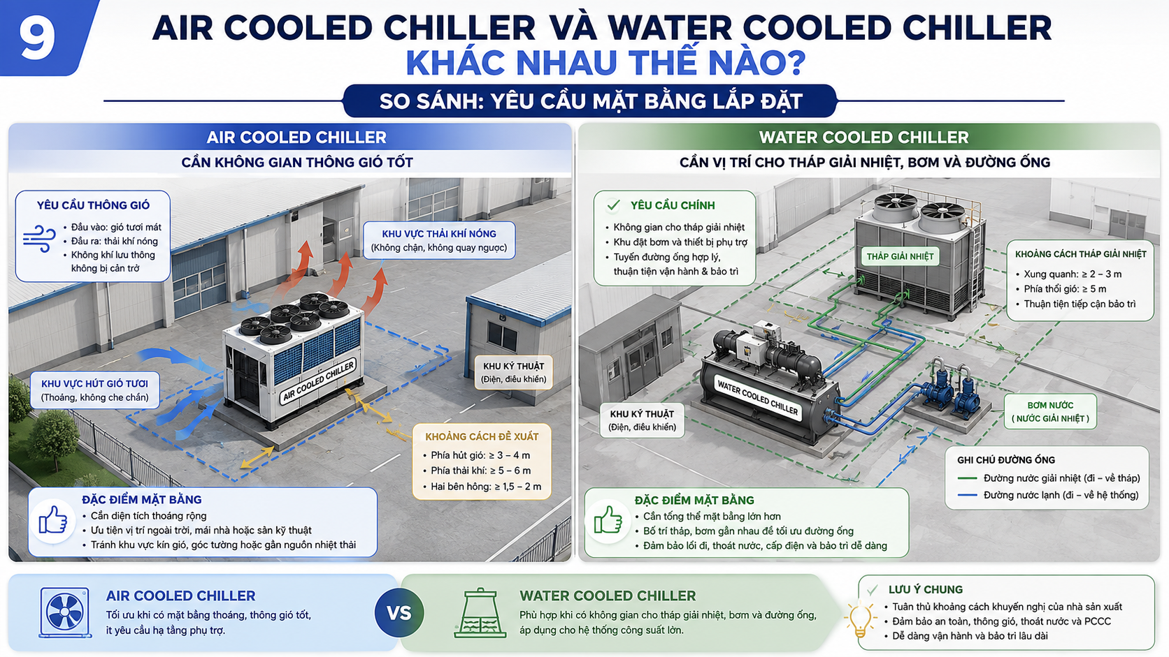 So sánh yêu cầu mặt bằng lắp đặt air cooled chiller cần thông gió tốt và water cooled chiller cần vị trí cho tháp giải nhiệt, bơm và đường ống.