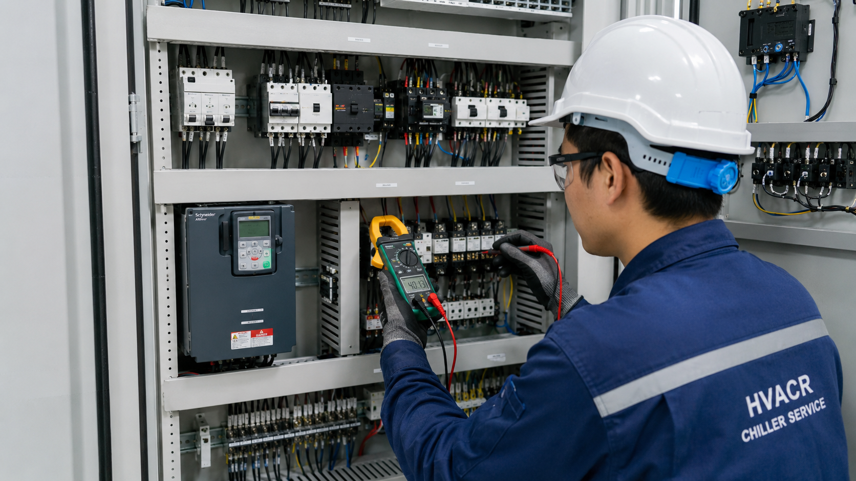 Kỹ thuật viên kiểm tra tủ điện điều khiển chiller, đo điện áp, dòng điện, contactor, relay, aptomat, biến tần và các điểm đấu nối.