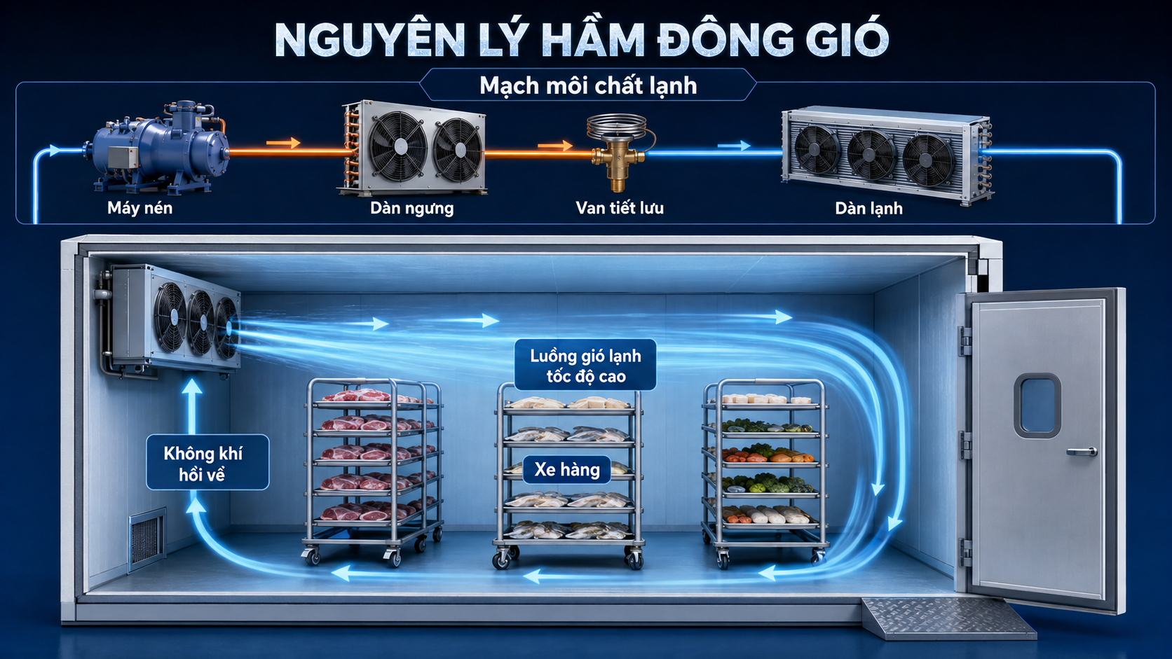Sơ đồ nguyên lý hầm đông gió với máy nén, dàn ngưng, van tiết lưu, dàn lạnh và luồng gió tuần hoàn