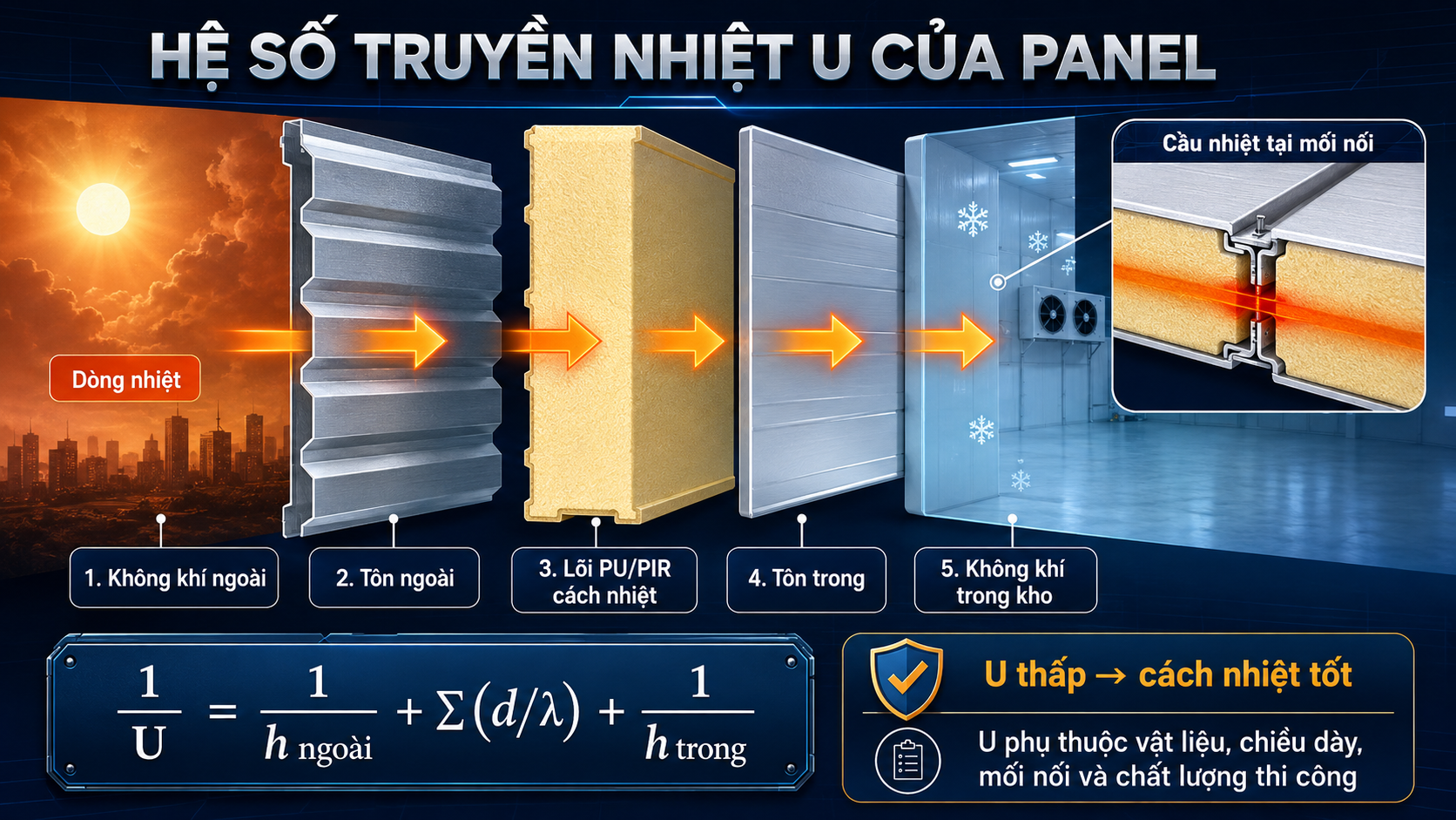 Cấu tạo panel PU PIR và các yếu tố ảnh hưởng đến hệ số truyền nhiệt U của vỏ kho lạnh