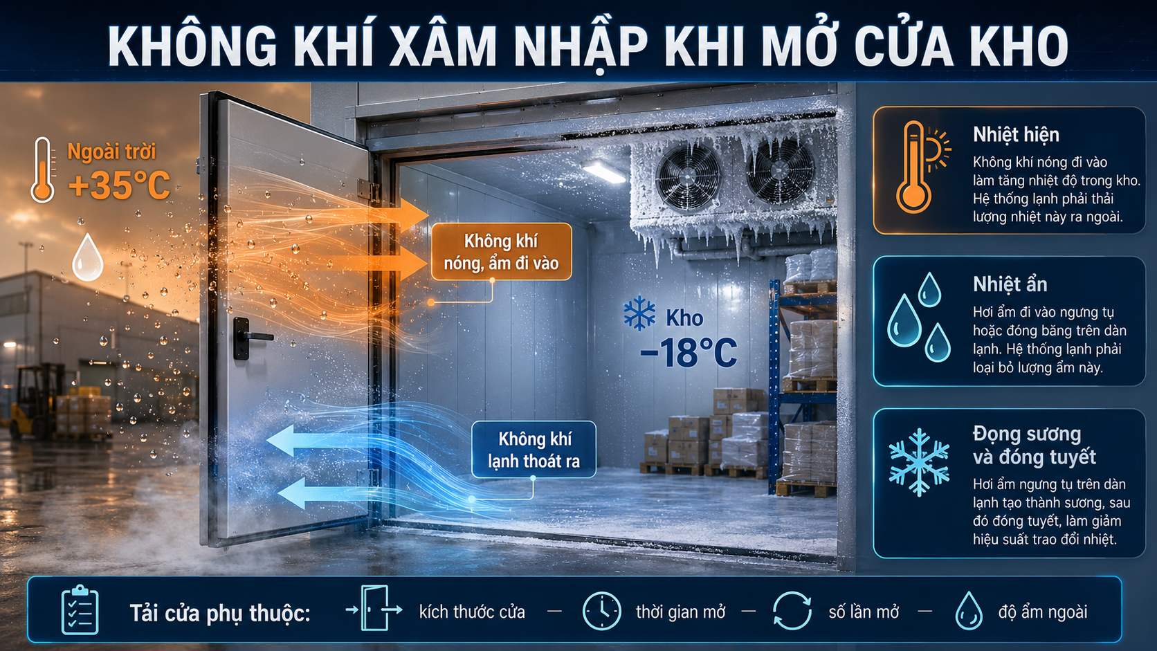 Sơ đồ không khí nóng ẩm đi vào và không khí lạnh thoát ra khi mở cửa kho đông âm 18 độ C